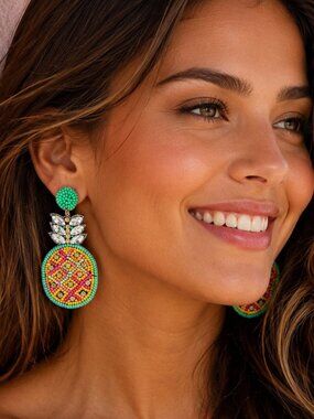 Pineapple Fruit Theme Seed Beaded Pink Yellow Summer Vibe Seed Bead Earrings NEW